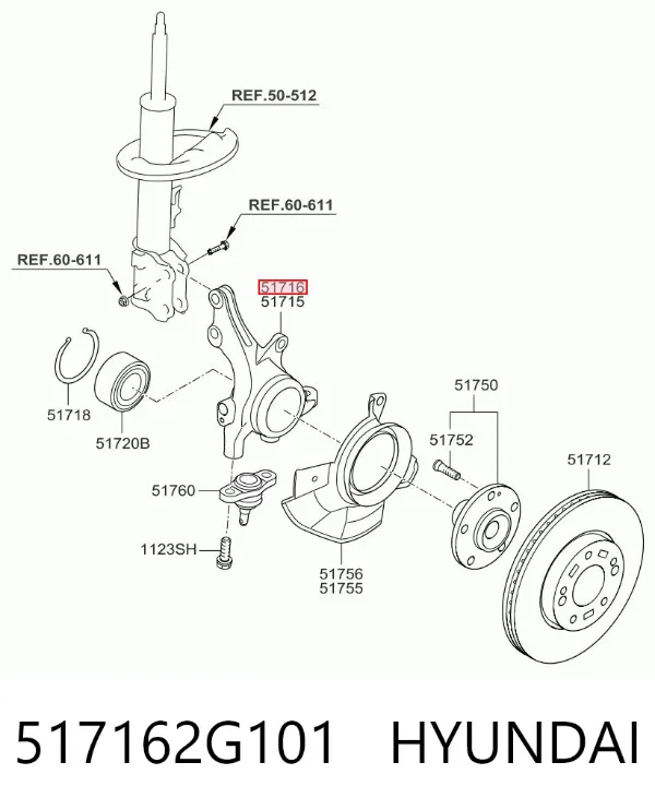 Pino moente (extremidade do eixo) dianteiro direito 517162G101 Hyundai/Kia