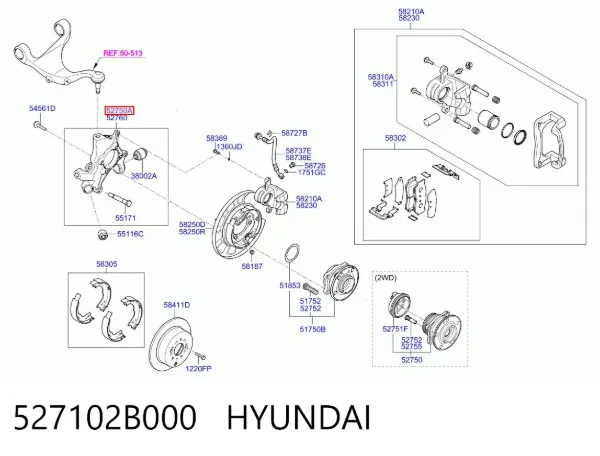 Pino moente (extremidade do eixo) traseiro esquerdo 527102B000 Hyundai/Kia