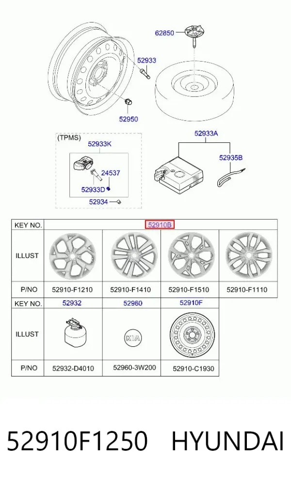 Discos de roda de aleação ligeira (de aleação ligeira, de titânio) 52910F1250 Hyundai/Kia