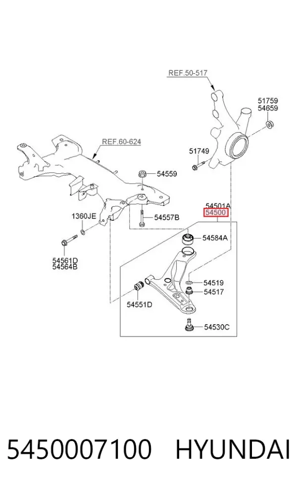 Braço oscilante inferior esquerdo de suspensão dianteira 5450007100 Hyundai/Kia