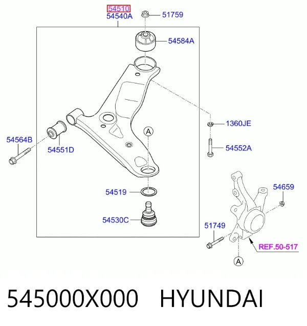 Braço oscilante inferior esquerdo de suspensão dianteira 545000X000 Hyundai/Kia