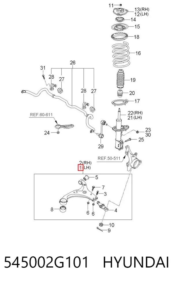 Braço oscilante inferior esquerdo de suspensão dianteira 545002G101 Hyundai/Kia