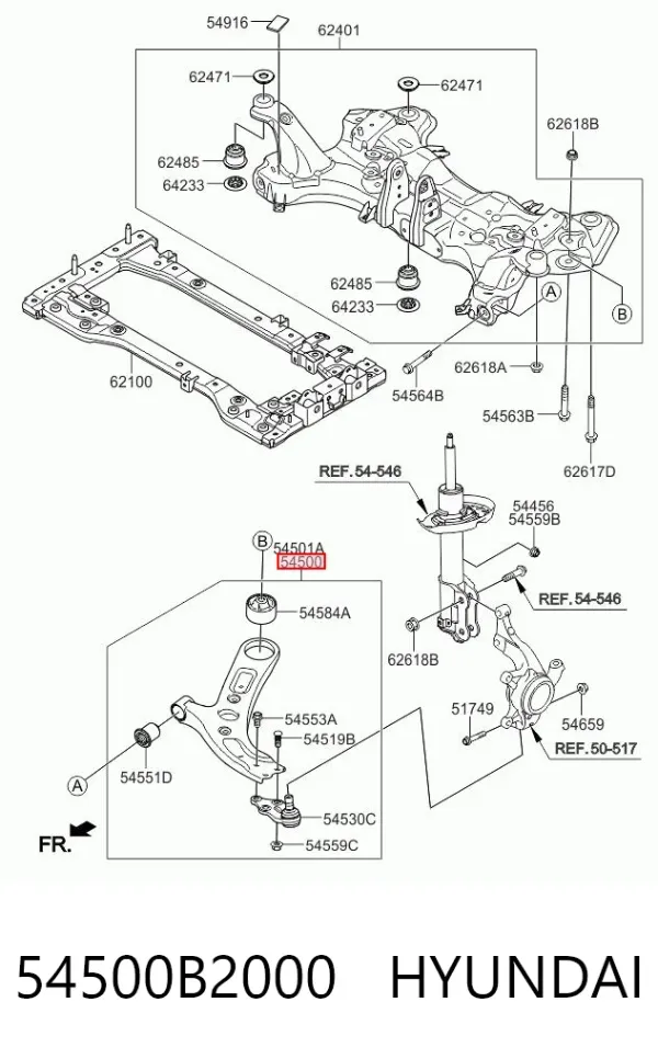 Braço oscilante inferior esquerdo de suspensão dianteira 54500B2000 Hyundai/Kia