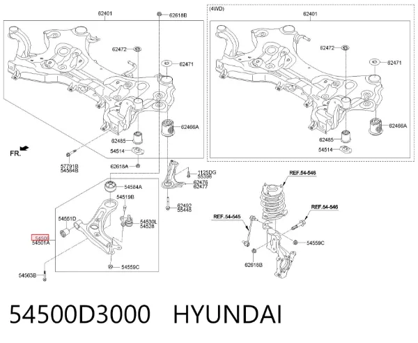 Braço oscilante inferior esquerdo de suspensão dianteira 54500D3000 Hyundai/Kia