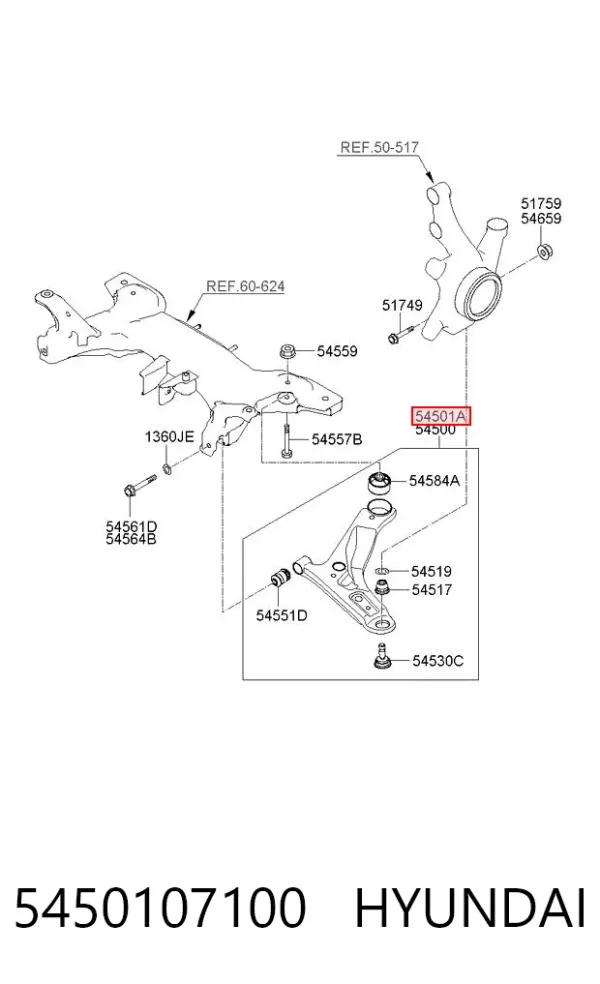 Braço oscilante inferior direito de suspensão dianteira 5450107100 Hyundai/Kia
