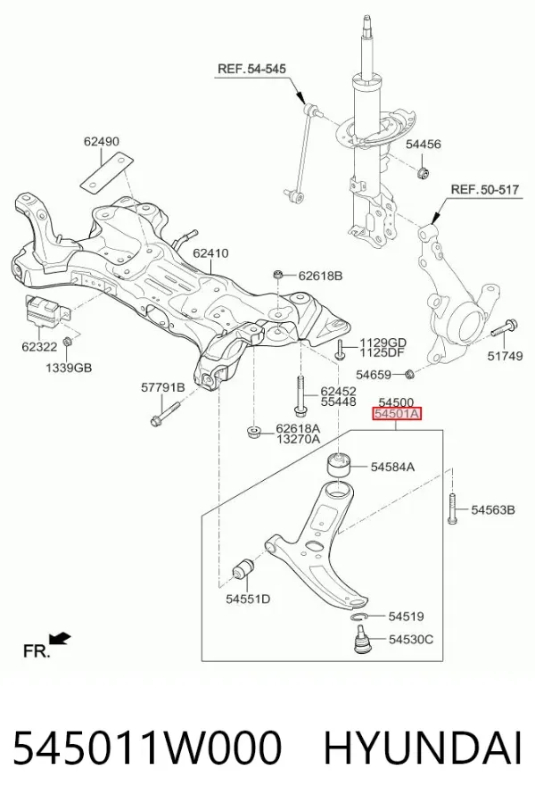 Braço oscilante inferior direito de suspensão dianteira 545011W000 Hyundai/Kia