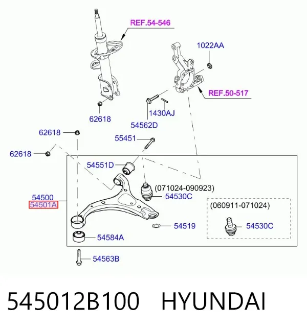 Braço oscilante inferior direito de suspensão dianteira 545012B100 Hyundai/Kia