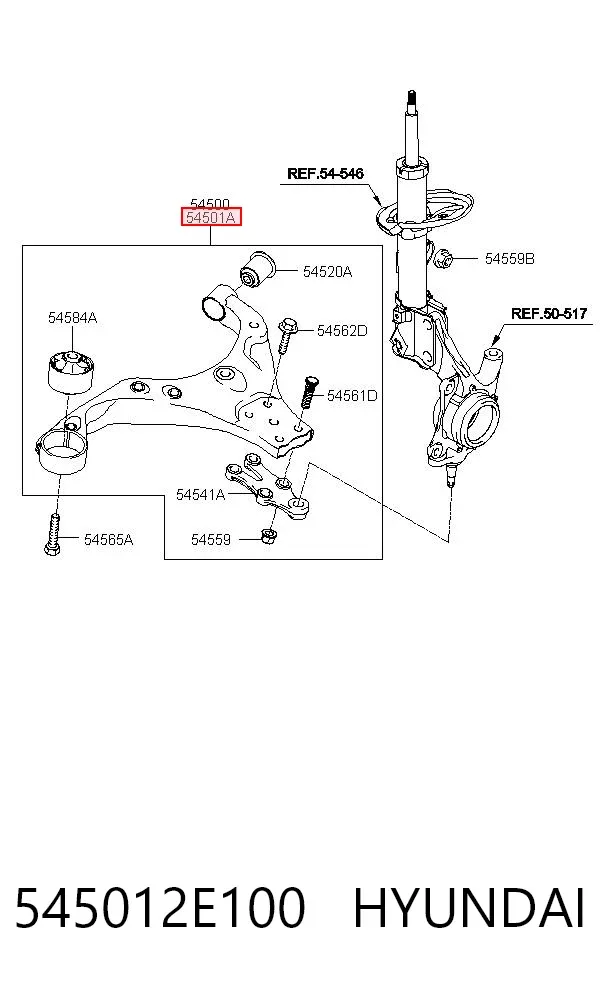 Braço oscilante inferior direito de suspensão dianteira 545012E100 Hyundai/Kia