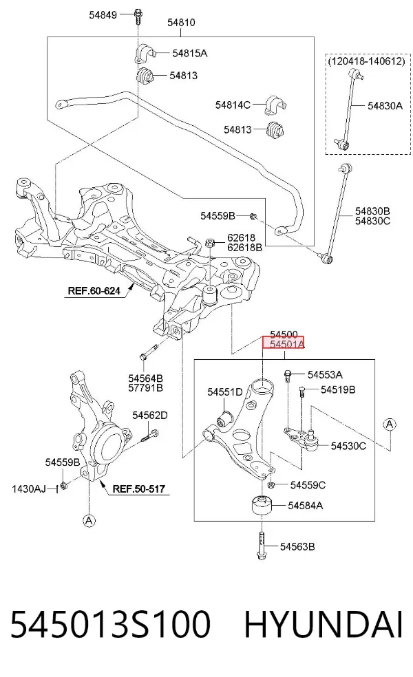 Braço oscilante inferior direito de suspensão dianteira 545013S100 Hyundai/Kia