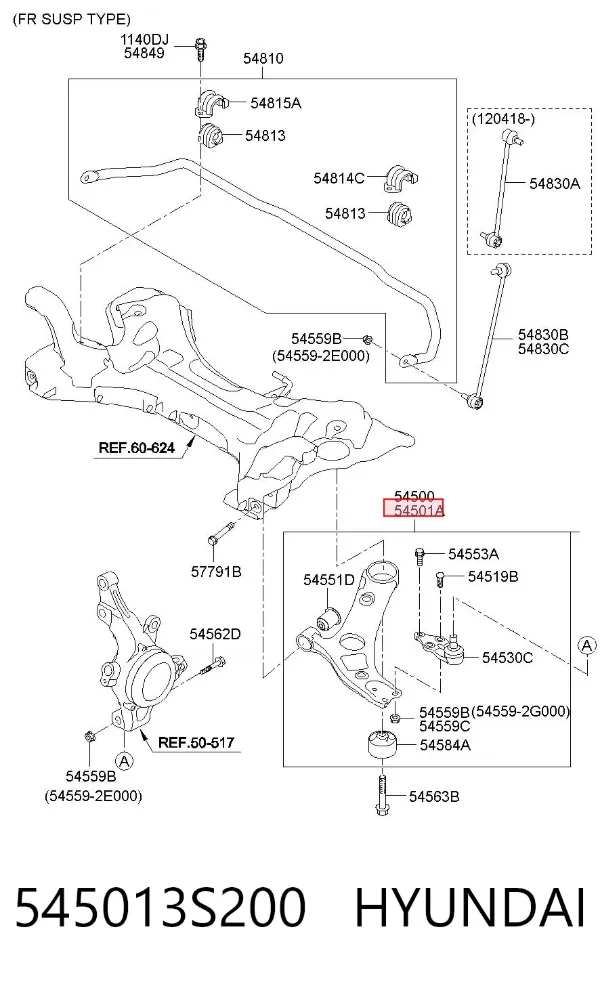 Braço oscilante inferior direito de suspensão dianteira 545013S200 Hyundai/Kia