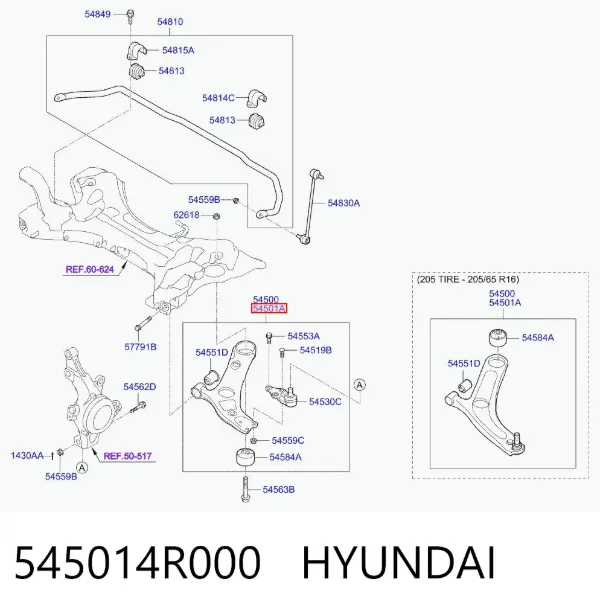 Braço oscilante inferior esquerdo de suspensão dianteira 545014R000 Hyundai/Kia