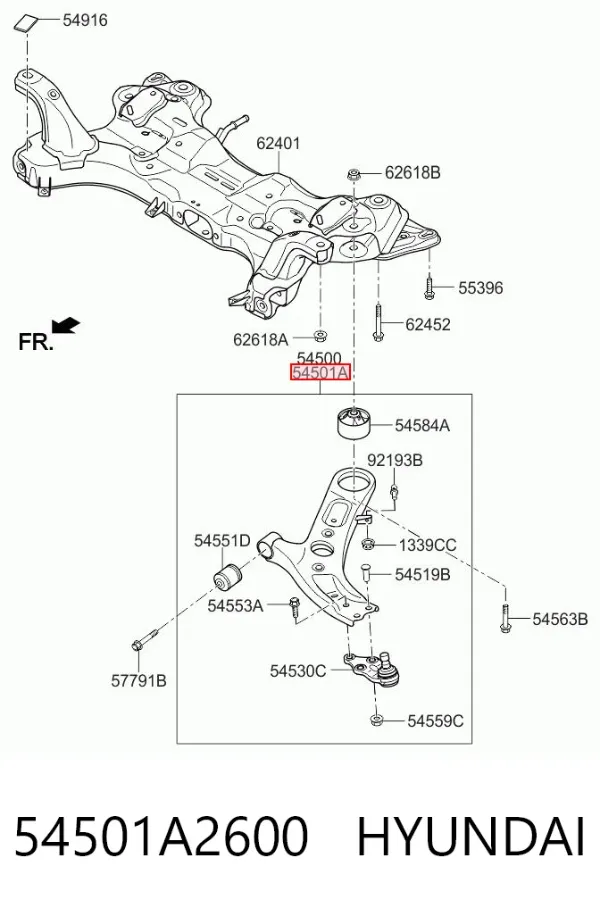 Braço oscilante inferior direito de suspensão dianteira 54501A2600 Hyundai/Kia