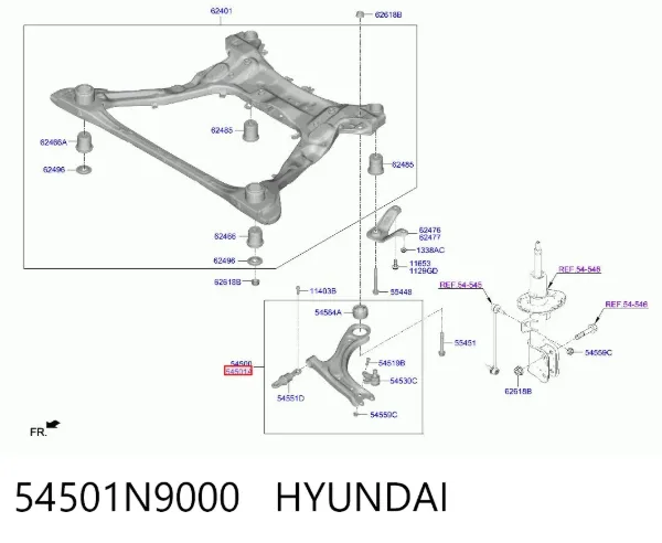 Braço oscilante inferior direito de suspensão dianteira 54501N9000 Hyundai/Kia