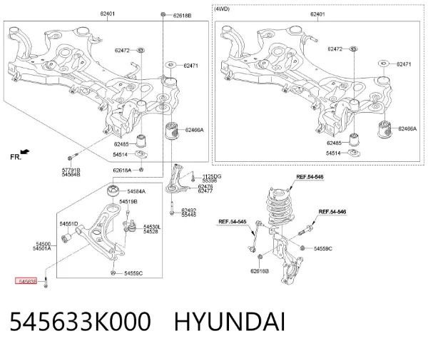 Parafuso de fixação de braço oscilante dianteiro, inferior 545633K000 Hyundai/Kia