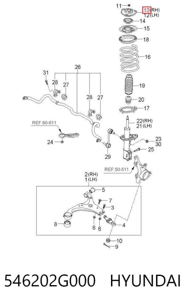 Suporte de amortecedor dianteiro direito 546202G000 Hyundai/Kia