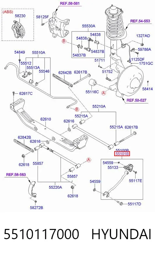 Braço oscilante (tração) longitudinal inferior direito de suspensão traseira 5510117000 Hyundai/Kia