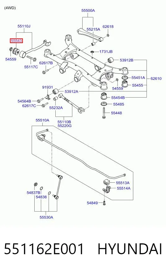 Bloco silencioso de braço oscilante traseiro longitudinal 551162E001 Hyundai/Kia