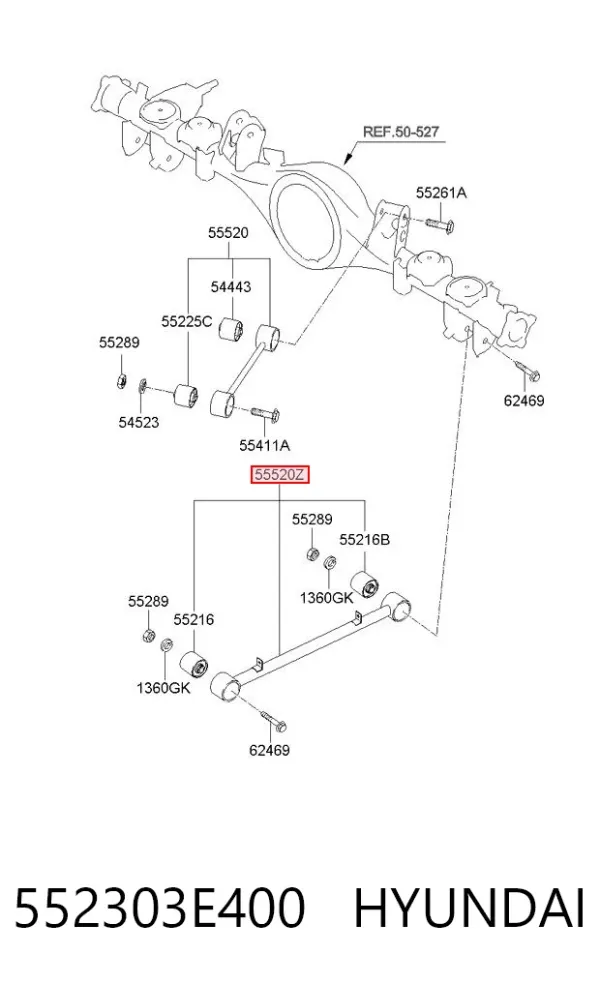 Braço oscilante (tração) longitudinal inferior esquerdo/direito de suspensão traseira 552303E400 Hyundai/Kia