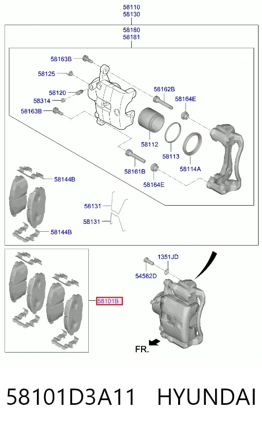 Sapatas do freio dianteiras de disco 58101D3A11 Hyundai/Kia