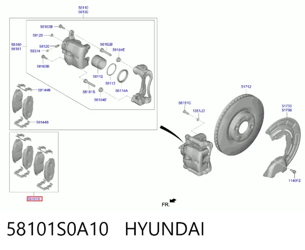 Sapatas do freio dianteiras de disco 58101S0A10 Hyundai/Kia