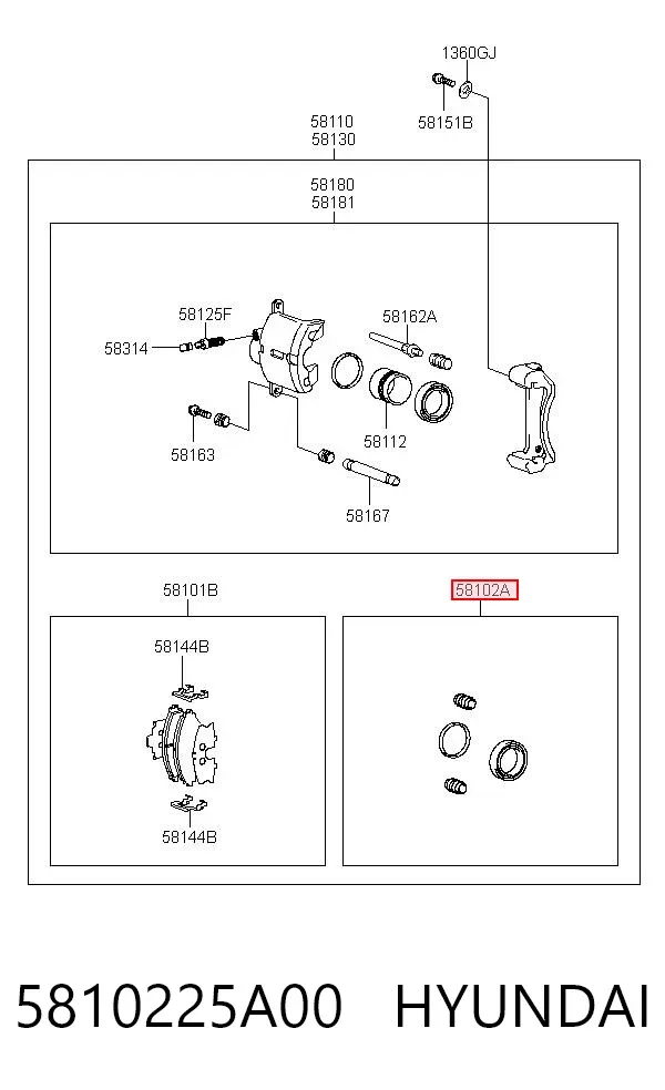 Kit de reparação de suporte do freio dianteiro 5810225A00 Hyundai/Kia