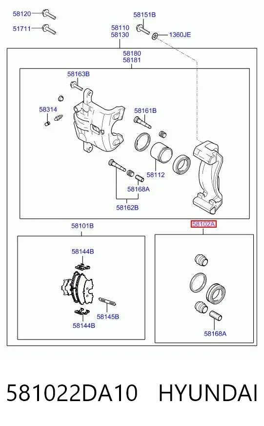 Kit de reparação de suporte do freio dianteiro 581022DA10 Hyundai/Kia
