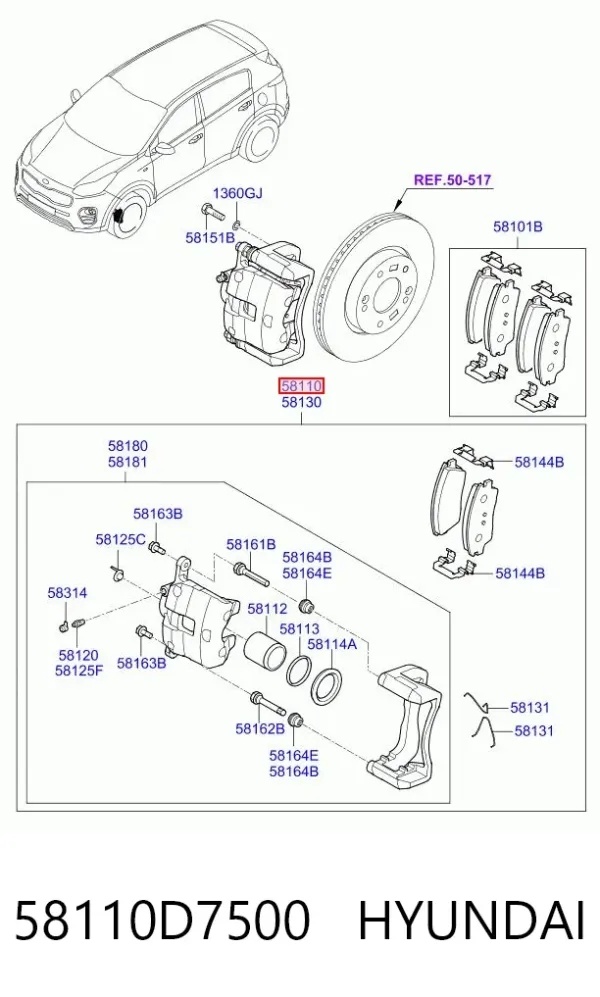 Suporte do freio dianteiro esquerdo 58110D7500 Hyundai/Kia
