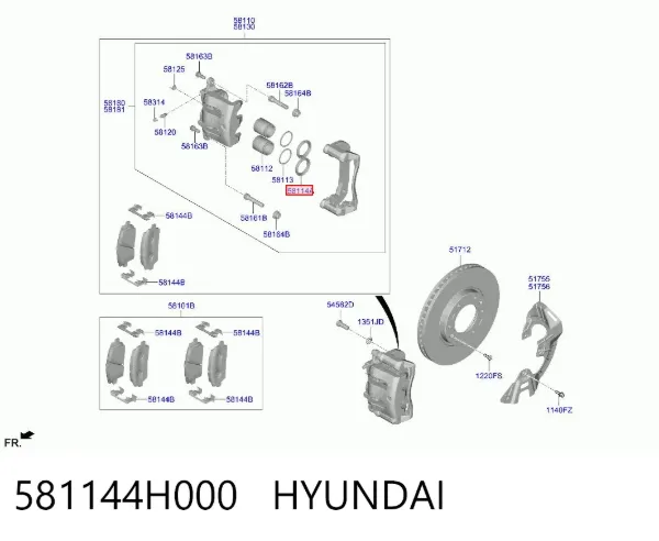 Kit de reparação de suporte do freio dianteiro 581144H000 Hyundai/Kia