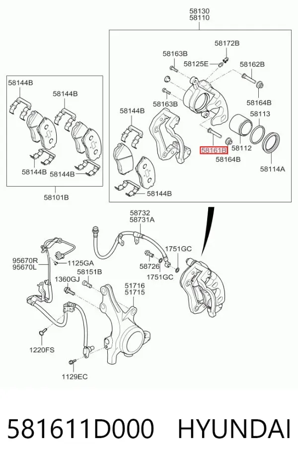 Bucha de suporte do freio dianteiro 581611D000 Hyundai/Kia