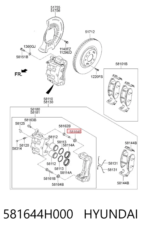 Bota de proteção de suporte guia do freio dianteiro 581644H000 Hyundai/Kia