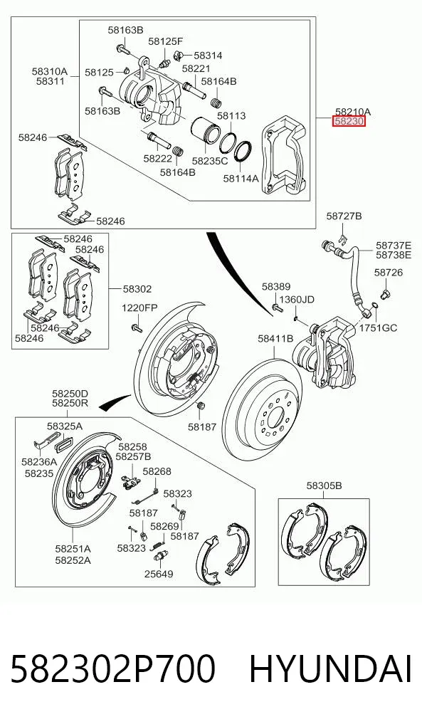 Suporte do freio traseiro direito 582302P700 Hyundai/Kia