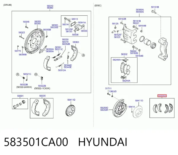 Sapatas do freio de estacionamento 583501CA00 Hyundai/Kia