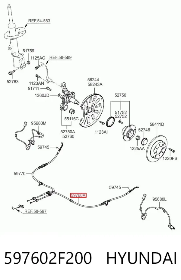 Cabo do freio de estacionamento traseiro esquerdo 597602F200 Hyundai/Kia