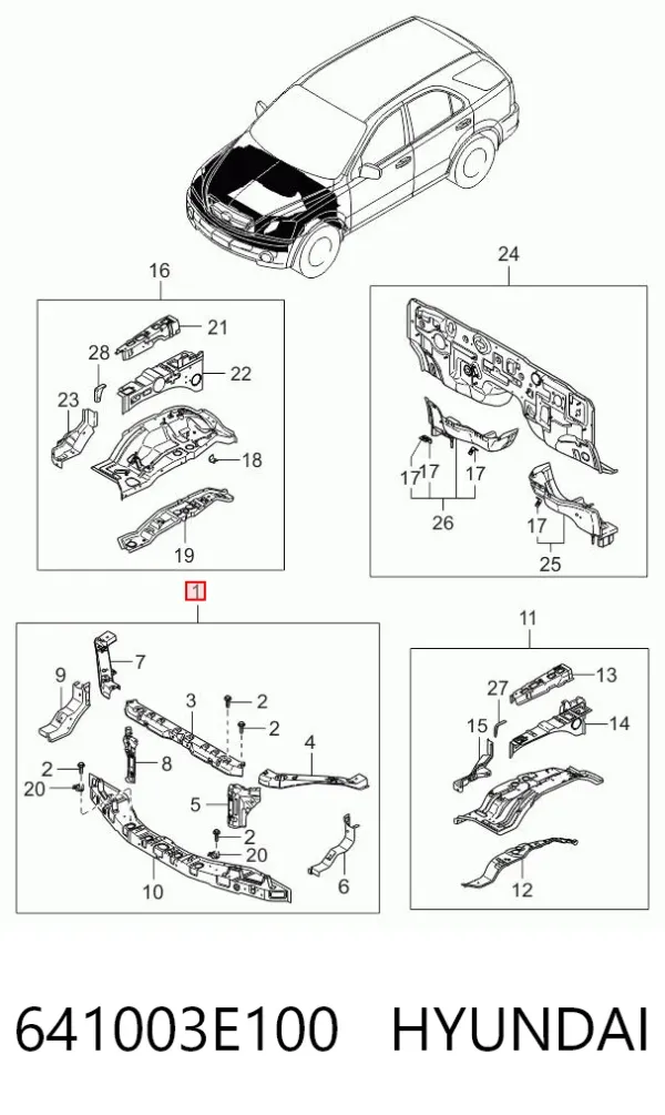 Suporte do radiador montado (painel de montagem de fixação das luzes) 641003E100 Hyundai/Kia