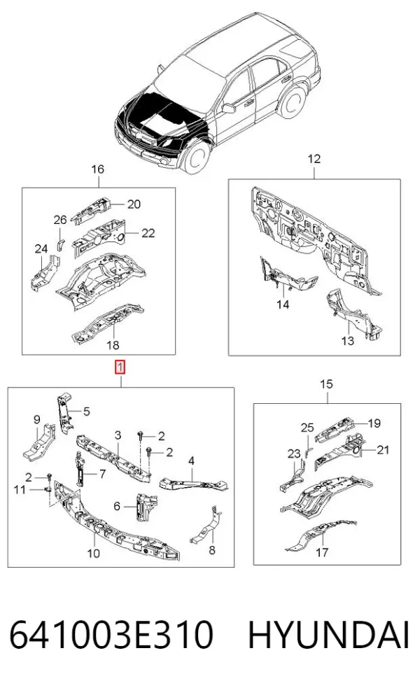 Suporte do radiador montado (painel de montagem de fixação das luzes) 641003E310 Hyundai/Kia