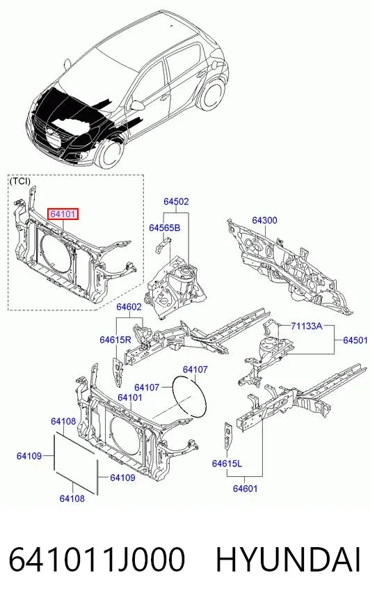 Suporte do radiador montado (painel de montagem de fixação das luzes) 641011J000 Hyundai/Kia