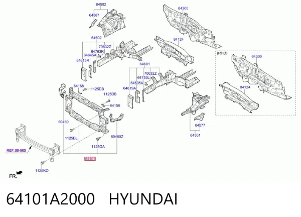 Suporte do radiador montado (painel de montagem de fixação das luzes) 64101A2000 Hyundai/Kia