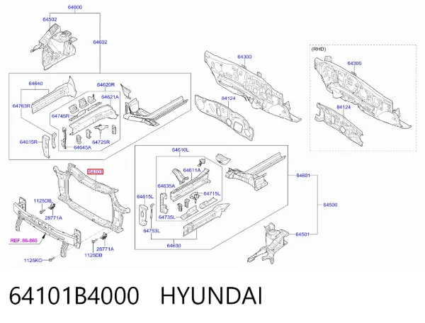 Suporte do radiador montado (painel de montagem de fixação das luzes) 64101B4000 Hyundai/Kia