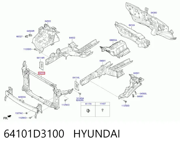 Suporte do radiador montado (painel de montagem de fixação das luzes) 64101D3100 Hyundai/Kia