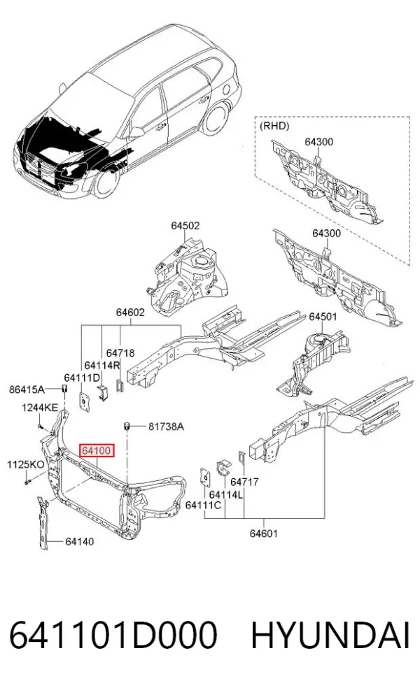 Suporte do radiador montado (painel de montagem de fixação das luzes) 641101D000 Hyundai/Kia
