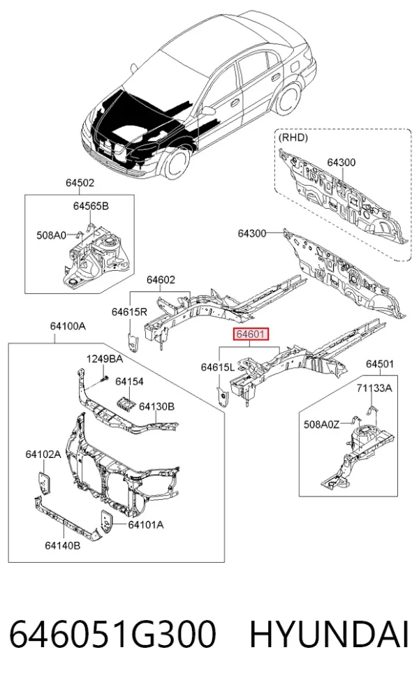 Longarina de chassi dianteira esquerda 646051G300 Hyundai/Kia