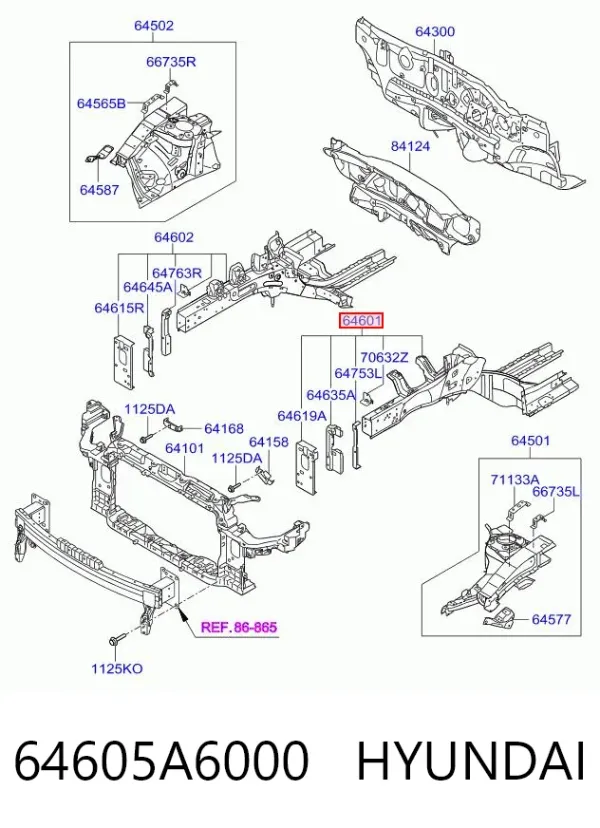 Longarina de chassi dianteira esquerda 64605A6000 Hyundai/Kia