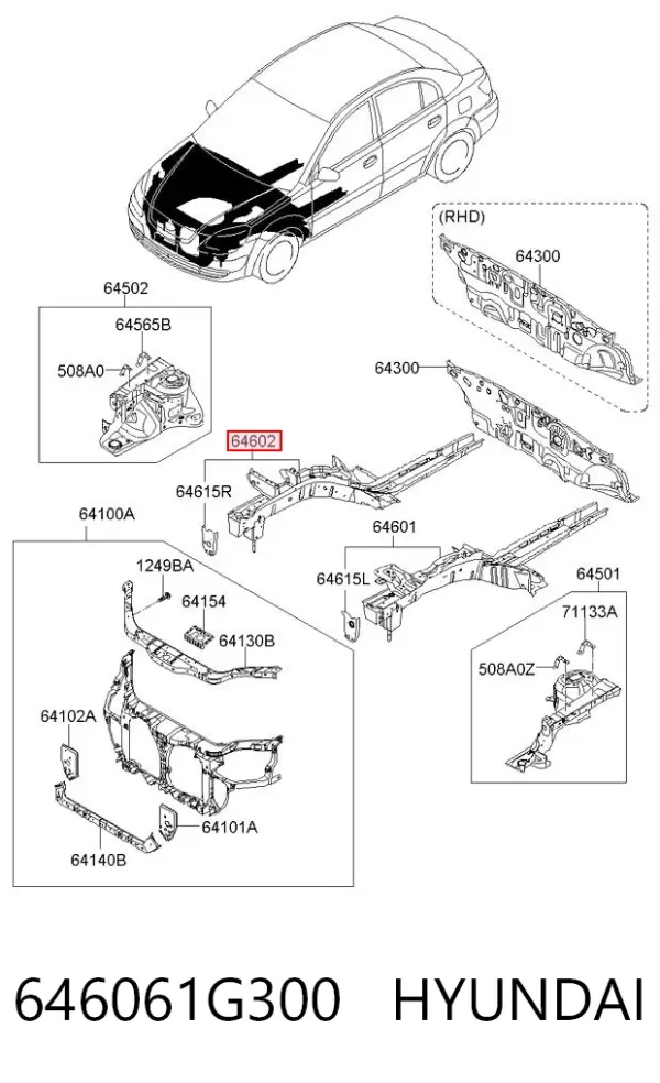 Longarina de chassi dianteira direita 646061G300 Hyundai/Kia