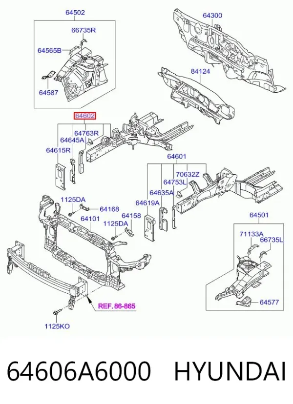 Longarina de chassi dianteira direita 64606A6000 Hyundai/Kia