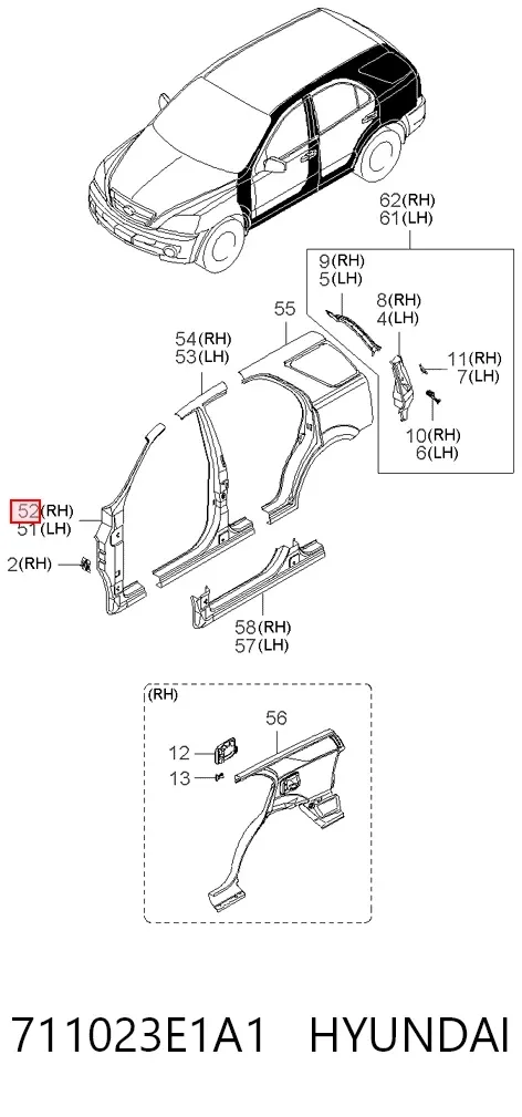 Montante de carroçaria dianteira direita 711023E1A1 Hyundai/Kia