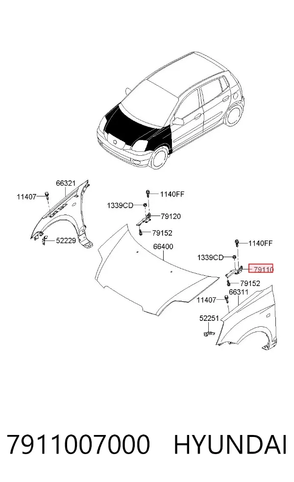 Gozno da capota esquerdo 7911007000 Hyundai/Kia