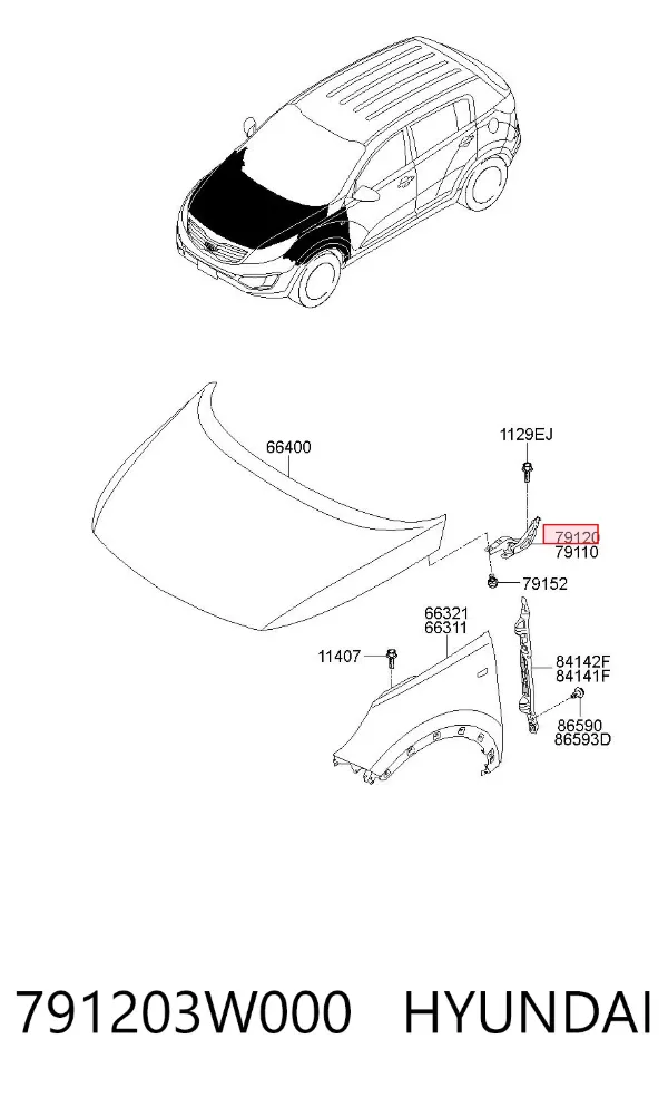 Gozno da capota direito 791203W000 Hyundai/Kia