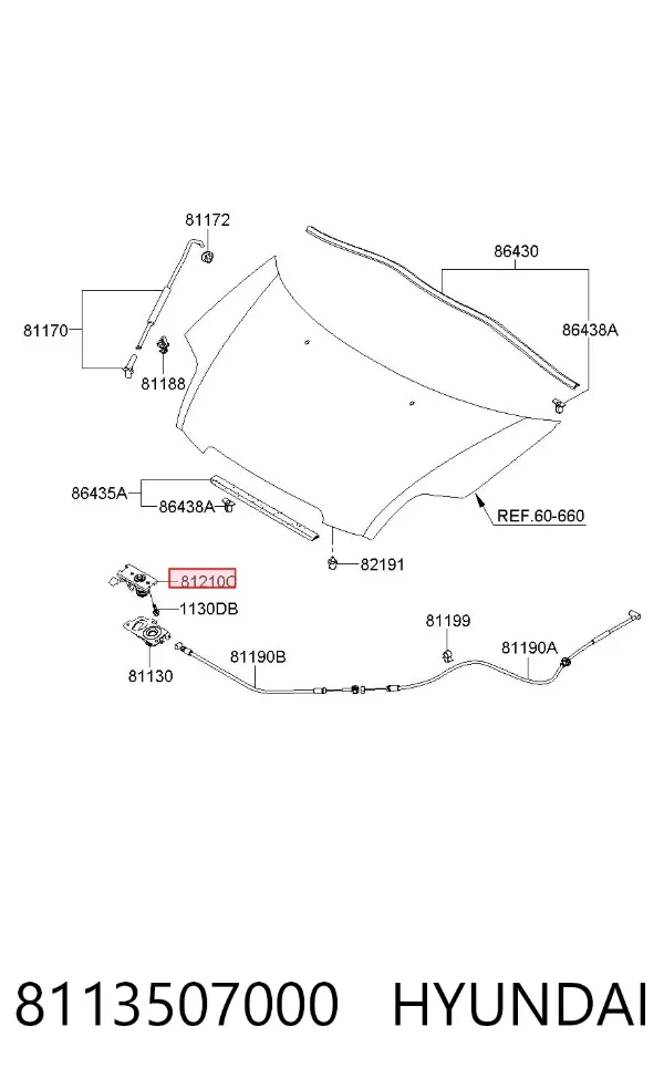 Viga con gancho do fecho da capota 8113507000 Hyundai/Kia