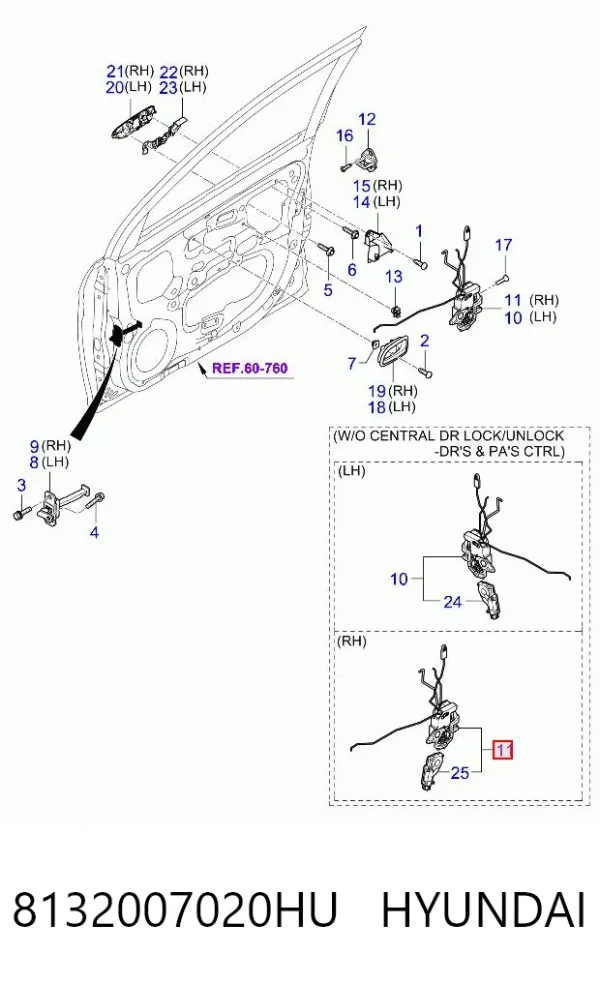 Fecho da porta dianteira direita 8132007020HU Hyundai/Kia
