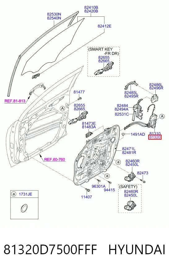 Fecho da porta dianteira direita 81320D7500FFF Hyundai/Kia